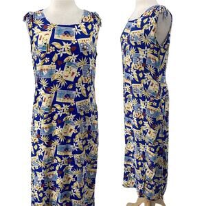 Vintage Disney Dress Mickey & Minnie Mouse Tropical Luau Print Midi Blue Medium